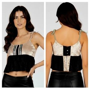 NWT POL Velvet Ruffle Babydoll Crop Top in Cream & Black w/ Cream & Gray Ties